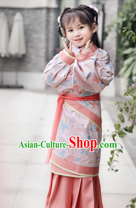 Chinese Ancient Han Dynasty Princess Costumes Children Embroidered Hanfu Pink Curving-Front Robe for Kids