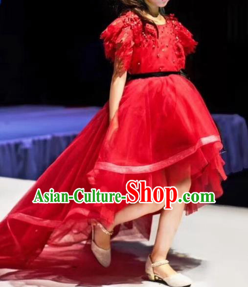 Children Models Show Costume Stage Performance Catwalks Compere Red Mullet Dress for Kids