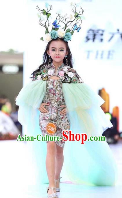 Children Models Show Costume Stage Performance Catwalks Compere Cheongsam Dress for Kids