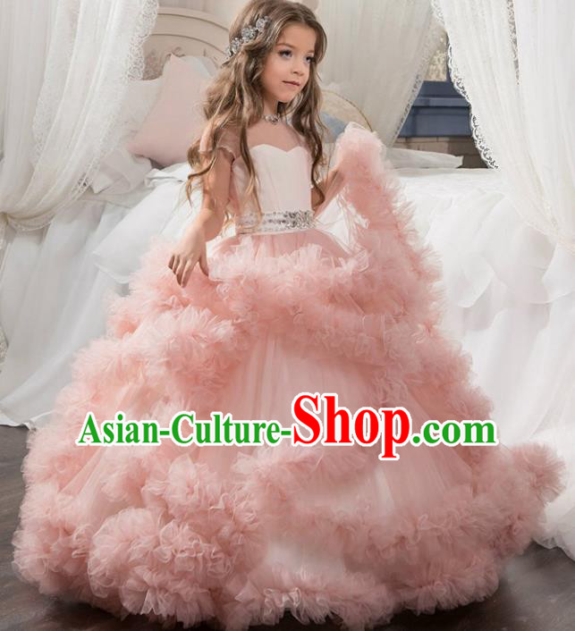 Children Models Show Costume Stage Performance Catwalks Compere Pink Veil Full Dress for Kids