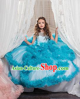 Children Models Show Costume Stage Performance Catwalks Compere Blue Veil Full Dress for Kids