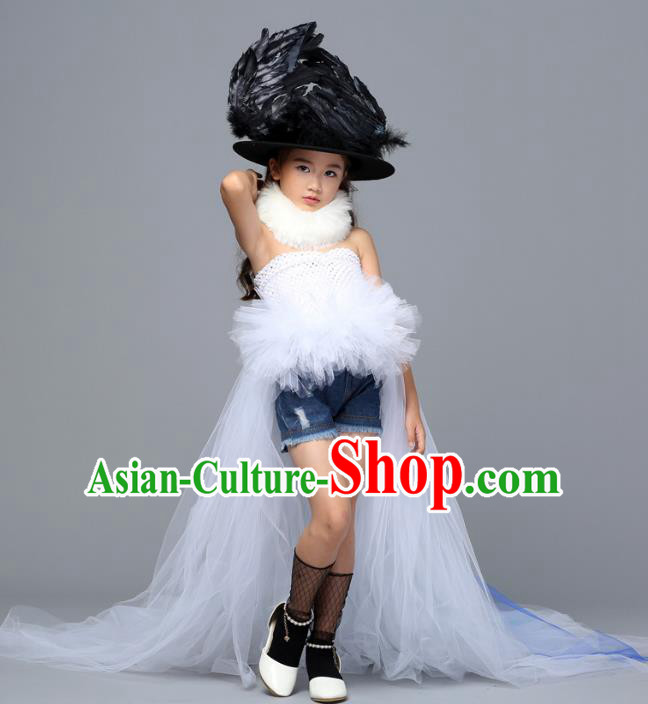 Children Models Show Costume Stage Performance Catwalks Compere White Veil Dress and Hat for Kids