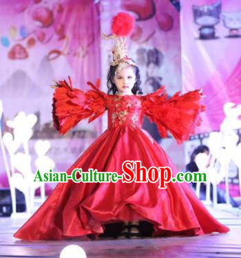 Children Models Show Costume Stage Performance Catwalks Compere Red Feather Mullet Dress for Kids