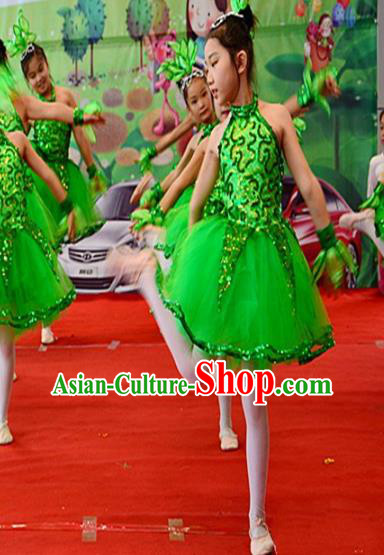 Top Grade Children Catwalks Costume Folk Dance Stage Performance Green Dress for Kids