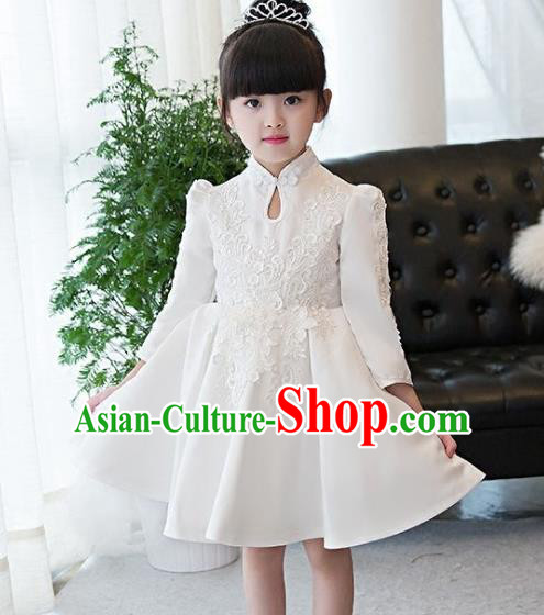 Top Grade Children Catwalks Costume Modern Dance Stage Performance White Lace Cheongsam Dress for Kids