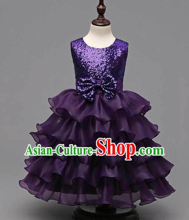 Top Grade Children Catwalks Costume Modern Dance Stage Performance Compere Purple Sequins Dress for Kids