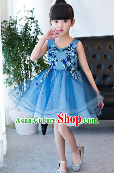 Children Catwalks Flower Fairy Costume Modern Dance Stage Performance Compere Blue Bubble Full Dress for Kids