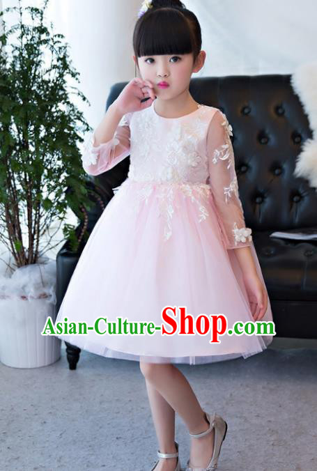Children Catwalks Flower Fairy Costume Modern Dance Stage Performance Compere Pink Bubble Full Dress for Kids