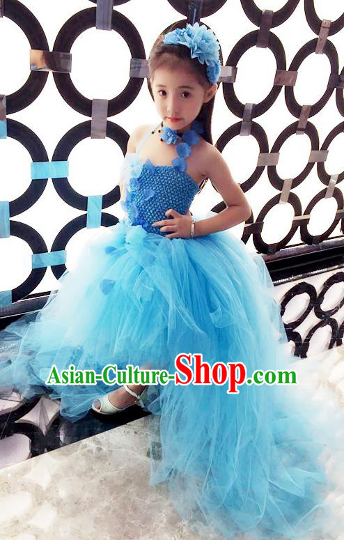 Children Models Show Costume Catwalks Stage Performance Blue Trailing Dress for Kids