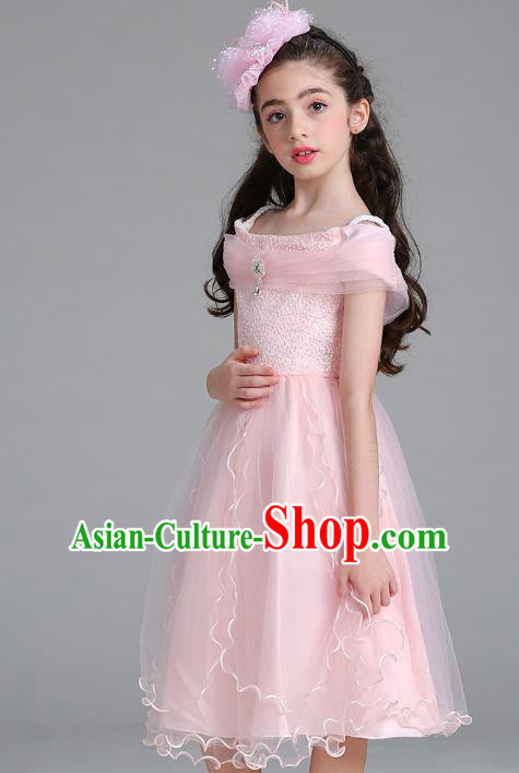 Children Models Show Compere Costume Stage Performance Catwalks Pink Full Dress for Kids