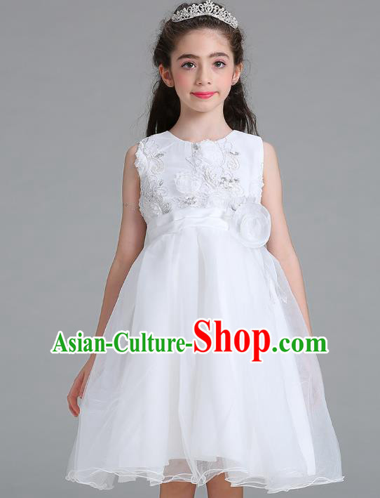 Children Models Show Compere Costume Stage Performance Catwalks White Veil Full Dress for Kids