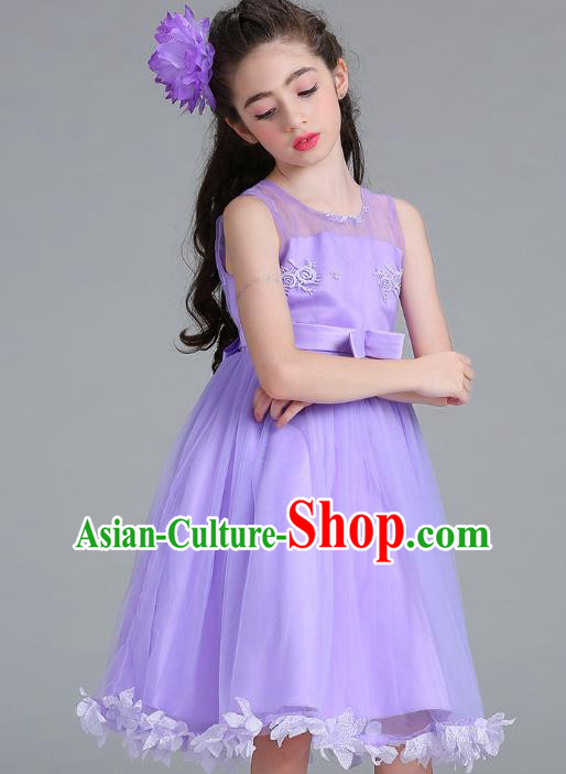 Children Models Show Compere Costume Stage Performance Girls Princess Purple Full Dress for Kids