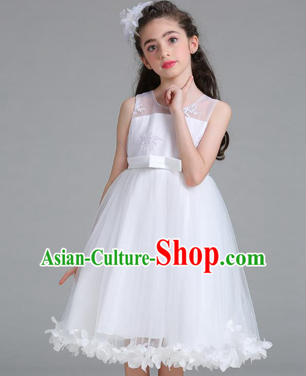 Children Models Show Compere Costume Stage Performance Girls Princess White Full Dress for Kids