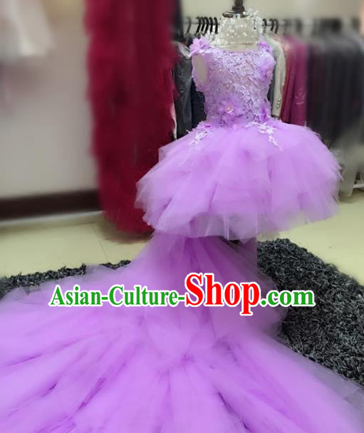 Children Models Show Compere Costume Girls Princess Purple Mullet Dress Stage Performance Clothing for Kids