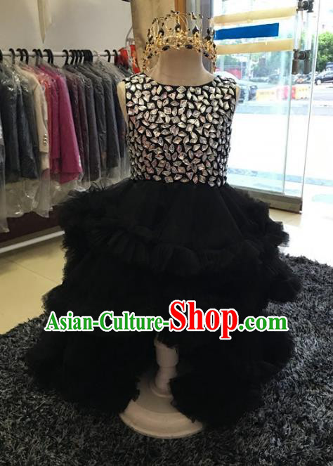 Children Models Show Compere Costume Girls Princess Crystal Black Dress Stage Performance Clothing for Kids