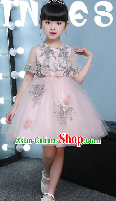 Children Models Show Compere Costume Girls Princess Pink Veil Dress Stage Performance Clothing for Kids