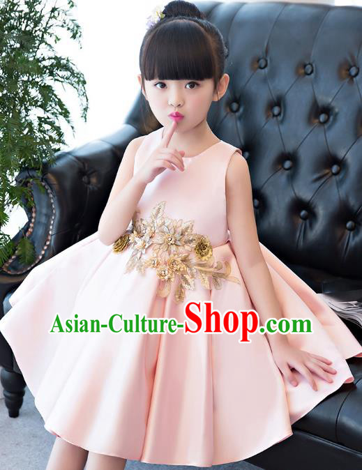 Children Models Show Compere Costume Princess Pink Full Dress Stage Performance Clothing for Kids