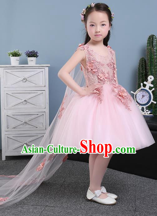 Children Models Show Costume Compere Pink Full Dress Stage Performance Clothing for Kids