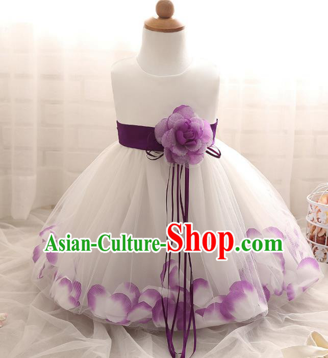 Children Models Show Costume Compere Purple Rose Full Dress Stage Performance Clothing for Kids