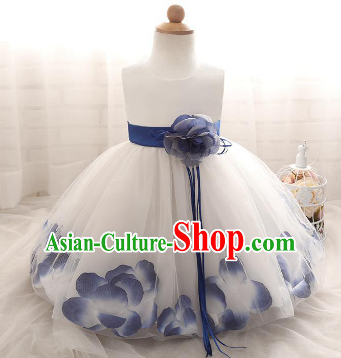 Children Models Show Costume Compere Blue Rose Full Dress Stage Performance Clothing for Kids