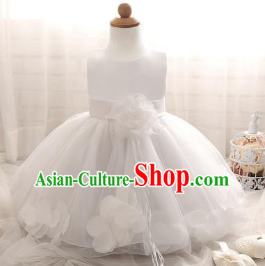 Children Models Show Costume Compere White Rose Full Dress Stage Performance Clothing for Kids