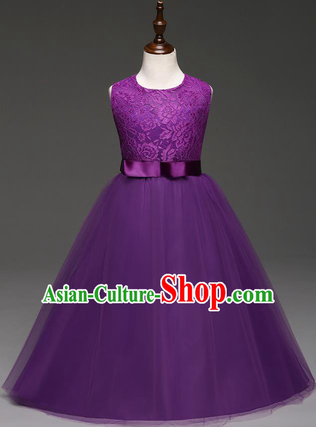Children Models Show Costume Compere Purple Lace Full Dress Stage Performance Clothing for Kids