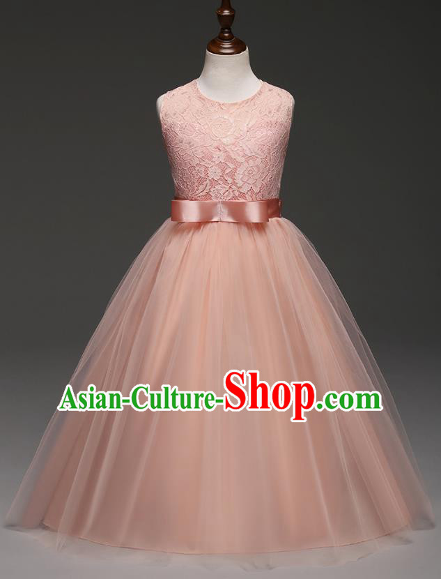 Children Models Show Costume Compere Pink Lace Full Dress Stage Performance Clothing for Kids