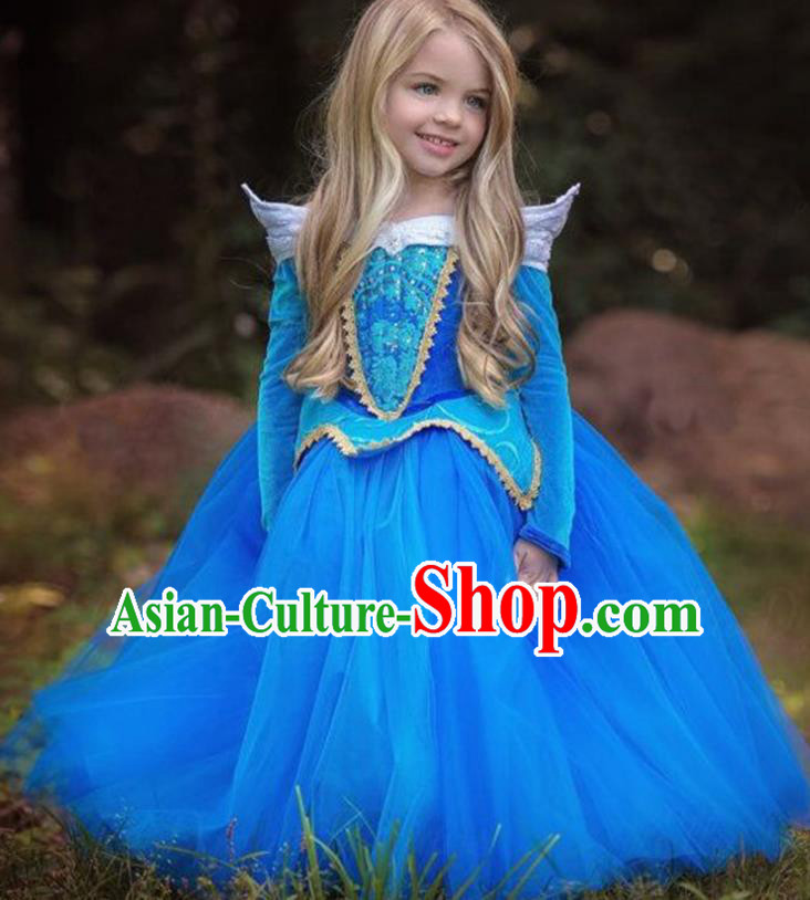 Children Fairytales Princess Costume Compere Modern Dance Stage Performance Catwalks Blue Dress for Kids