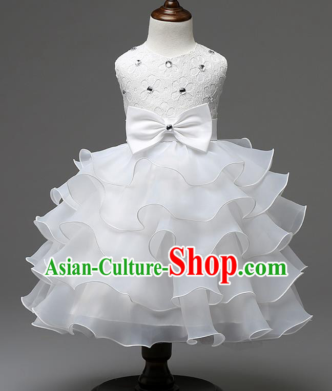 Children Fairy Princess White Layered Dress Stage Performance Catwalks Compere Costume for Kids