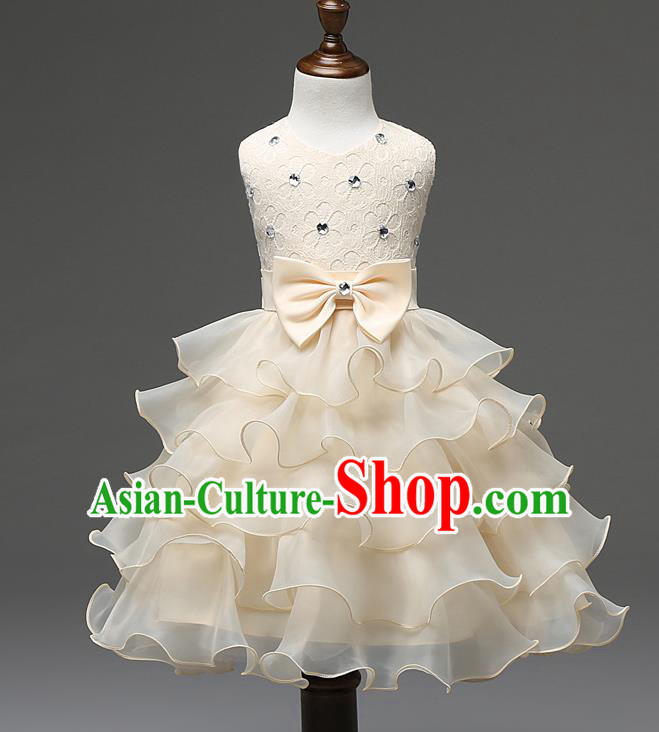 Children Fairy Princess Champagne Layered Dress Stage Performance Catwalks Compere Costume for Kids