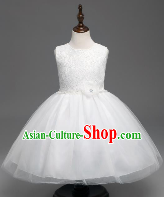 Children Catwalks Flower Fairy Costume Modern Dance Stage Performance Compere White Lace Full Dress for Kids