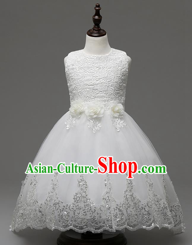 Children Fairy Princess White Lace Dress Stage Performance Catwalks Compere Costume for Kids