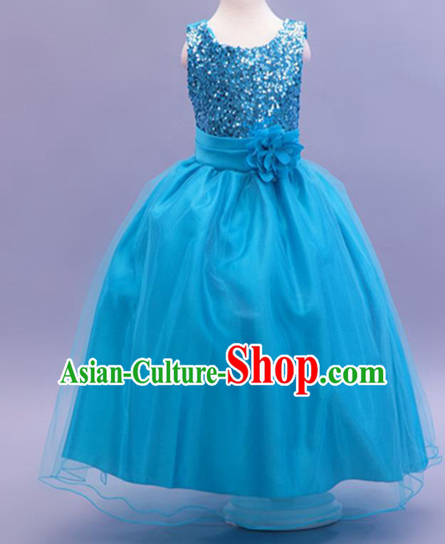 Children Modern Dance Blue Sequins Dress Stage Performance Catwalks Compere Costume for Kids