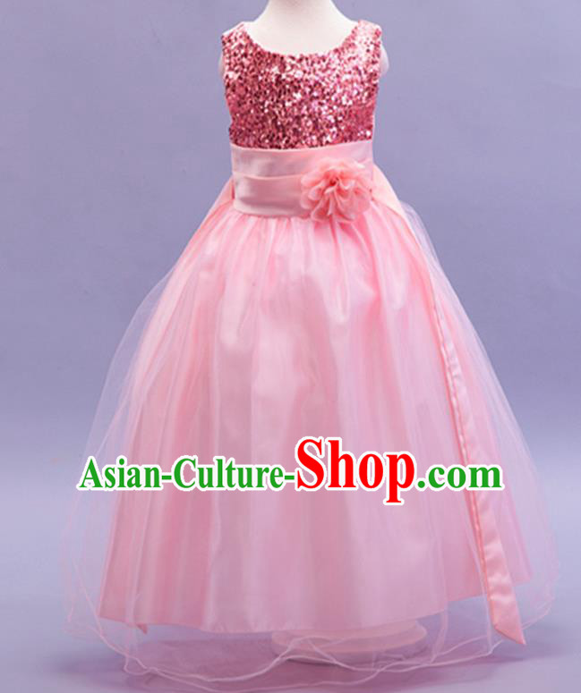 Children Modern Dance Pink Sequins Dress Stage Performance Catwalks Compere Costume for Kids