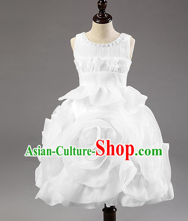 Children Modern Dance Princess Dress Stage Performance Catwalks Compere White Rose Costume for Kids