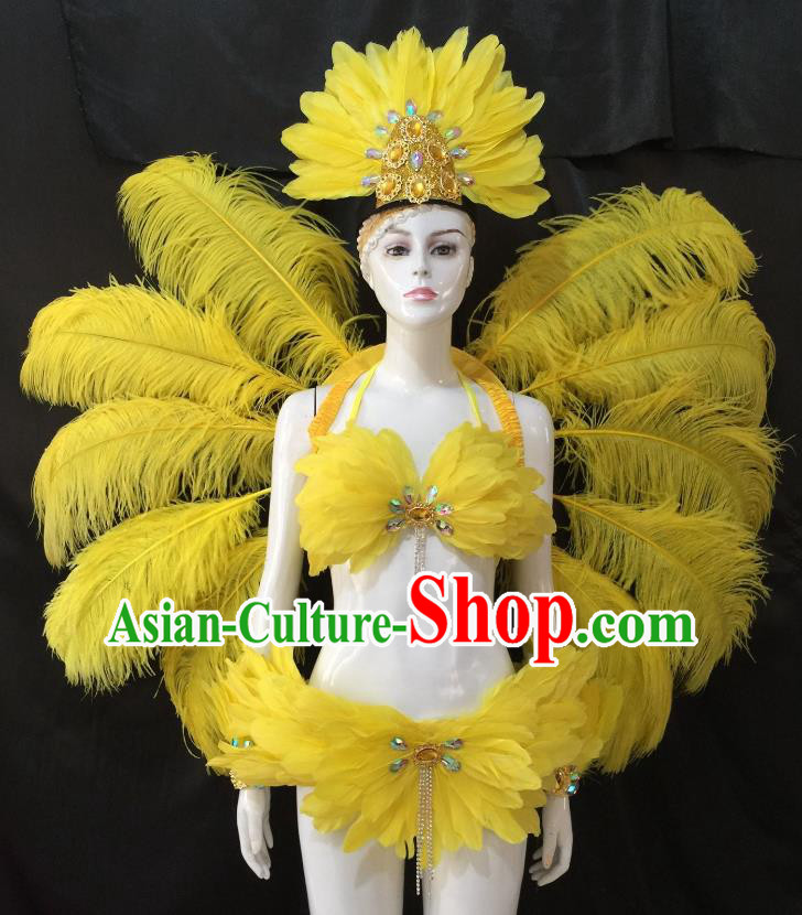 Top Grade Brazilian Carnival Samba Dance Costume Miami Catwalks Yellow Feather Swimsuit and Angel Wings for Women