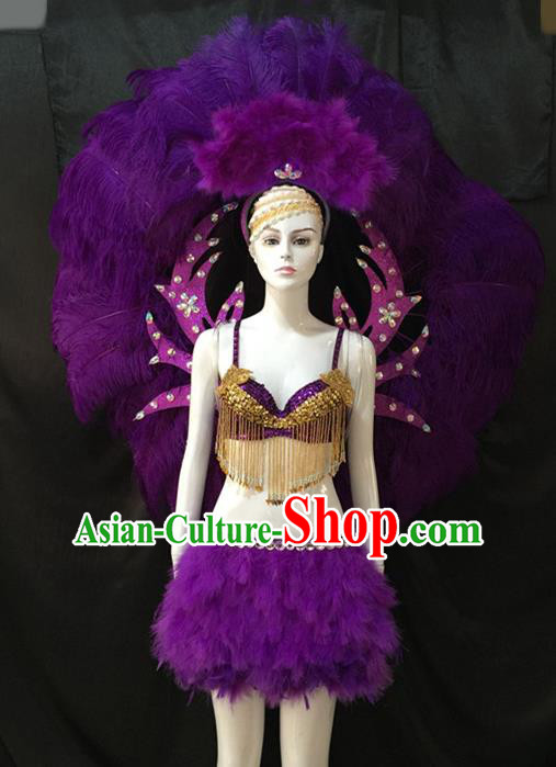 Top Grade Brazilian Carnival Samba Dance Costumes Halloween Miami Catwalks Purple Feather Swimsuit and Wings for Women