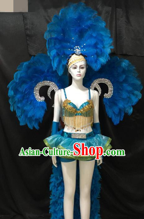 Top Grade Brazilian Carnival Samba Dance Costumes Halloween Miami Catwalks Feather Swimsuit Headwear and Wings for Women