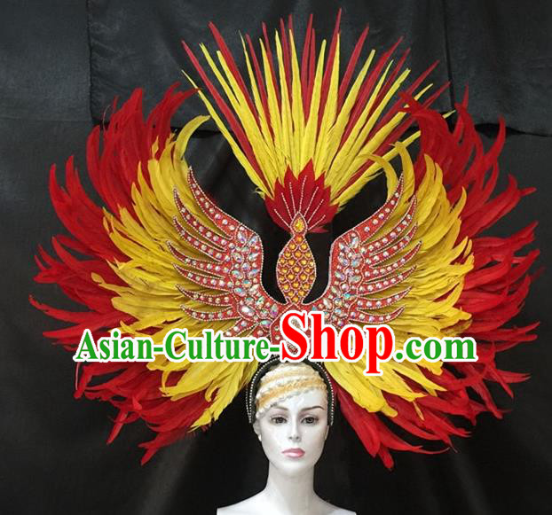 Brazilian Carnival Samba Dance Hair Accessories Dionysia Catwalks Red and Yellow Feather Headdress for Women