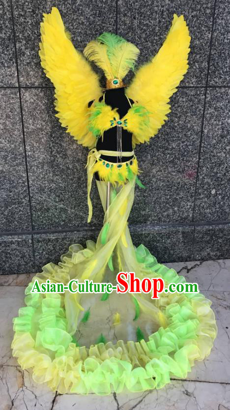 Top Grade Brazilian Carnival Costumes Halloween Catwalks Yellow Feather Swimsuit and Hair Accessories for Kids
