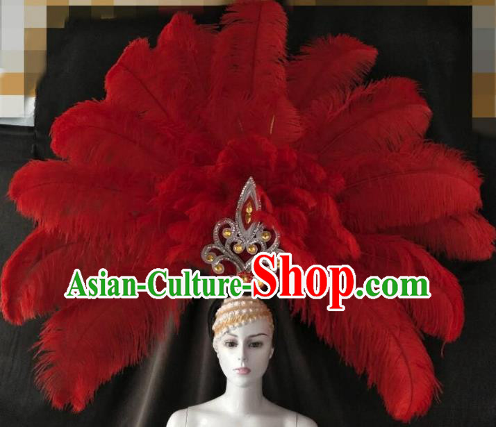 Brazilian Carnival Samba Dance Deluxe Hair Accessories Dionysia Miami Catwalks Red Feather Headdress for Women