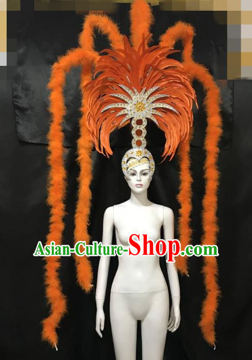 Brazilian Carnival Samba Dance Deluxe Hair Accessories Dionysia Miami Catwalks Orange Feather Headdress for Women
