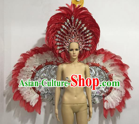 Brazilian Catwalks Samba Dance Props Rio Carnival Red and White Feather Angel Wings and Headwear for Women