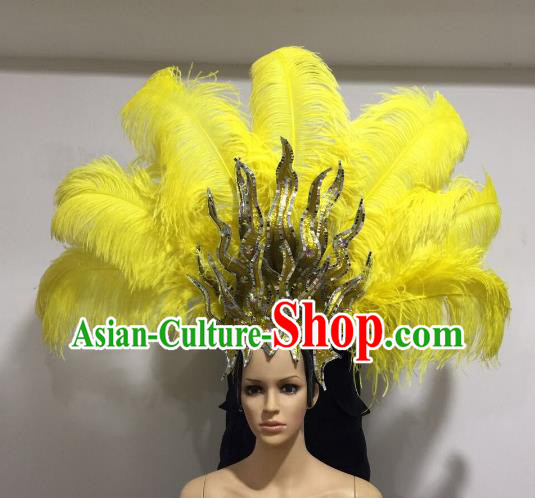 Brazilian Samba Dance Queen Hair Accessories Rio Carnival Yellow Feather Deluxe Headwear for Women