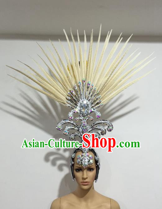 Brazilian Samba Dance Queen Hair Accessories Rio Carnival White Ostrich Feather Deluxe Headwear for Women