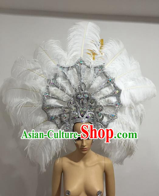 Brazilian Carnival Catwalks Hair Accessories Rio Samba Dance White Ostrich Feather Deluxe Headwear for Women