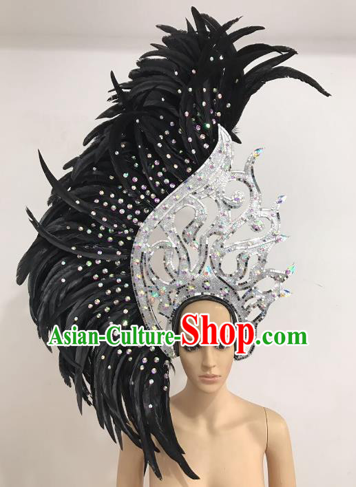 Brazilian Carnival Catwalks Hair Accessories Rio Samba Dance Black Ostrich Feather Deluxe Headwear for Women