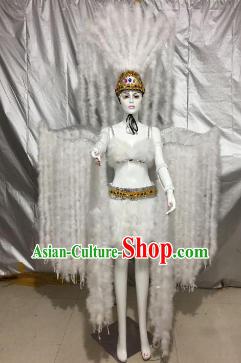 Top Grade Brazilian Rio Carnival Samba Dance Costumes Halloween Catwalks Deluxe White Feather Clothing and Headwear for Women