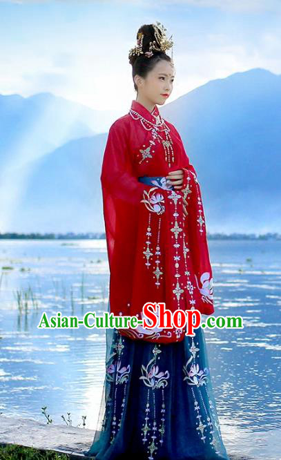 Ancient Chinese Empress Embroidered Costume Tang Dynasty Queen Wedding Hanfu Dress and Hair Jewelry for Rich Women