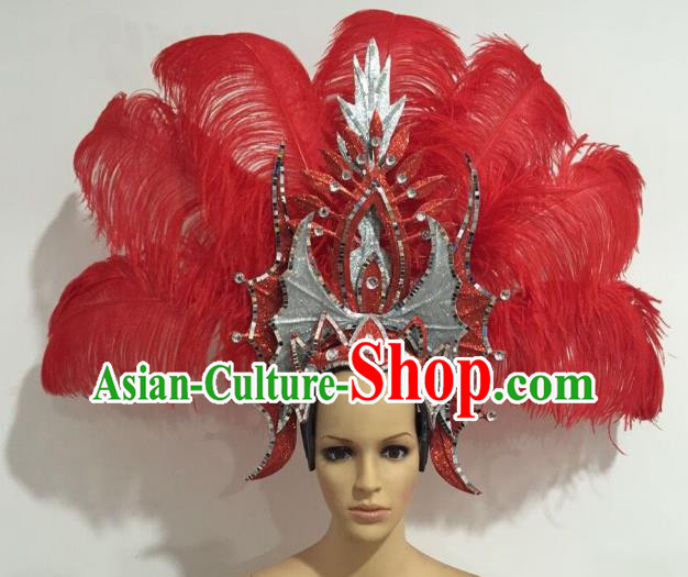 Brazilian Carnival Catwalks Red Ostrich Feather Headdress Rio Samba Dance Deluxe Hair Accessories for Women